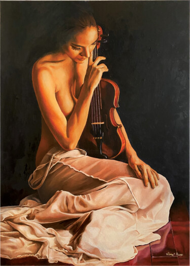 Painting titled "violin" by Viorel Rusu, Original Artwork, Oil Mounted on Wood Stretcher frame