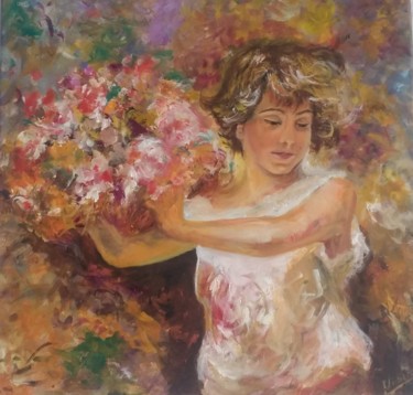 Painting titled "mujer con flores" by Virberri, Original Artwork, Oil