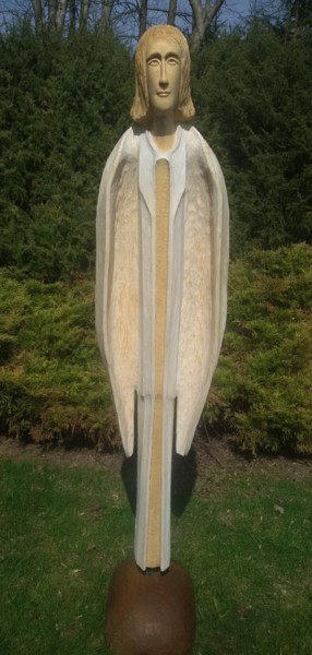 Skulptur mit dem Titel "Angel lost in thoug…" von Virgilijus Vaiciunas, Original-Kunstwerk, Holz