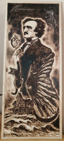 Druckgrafik mit dem Titel "Edgar Allegory Poe" von Virginie Bocquet, Original-Kunstwerk, Gravur Auf Holzplatte montiert