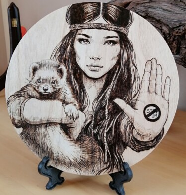 「Stop Fur」というタイトルの製版 Virginie Bocquetによって, オリジナルのアートワーク, 彫刻 ウッドパネルにマウント