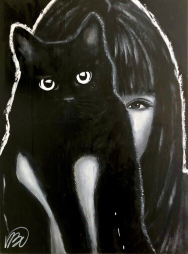 Painting titled "Blackycat" by Virginie Clement, Original Artwork, Acrylic Mounted on Wood Stretcher frame