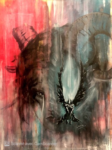 Painting titled "Lilith et Lucifer" by Virginie Deluzet, Original Artwork, Acrylic Mounted on Wood Stretcher frame
