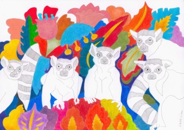 Dessin intitulée "Lémuriens perplexes" par Virginie Dorseuil, Œuvre d'art originale, Crayon