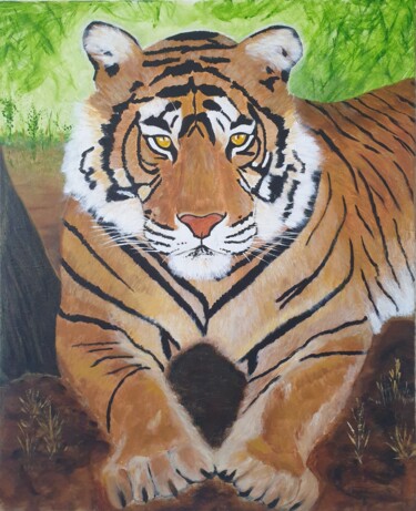 Картина под названием "le regard du tigre" - Virginie Esperou, Подлинное произведение искусства, Акрил Установлен на Деревян…