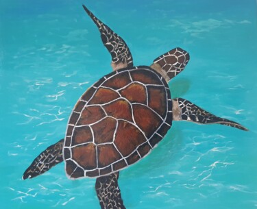 Schilderij getiteld "tortue marine" door Virginie Esperou, Origineel Kunstwerk, Acryl Gemonteerd op Frame voor houten branca…