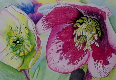 Dibujo titulada "Duo de fleurs" por Virginie Etignard, Obra de arte original, Pastel