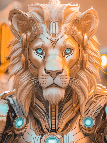Arts numériques intitulée "Lion cyborg 3d" par Virginie Gérôme, Œuvre d'art originale, Travail numérique 2D