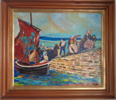 Peinture intitulée "Un passeur en 1907.…" par Virginie Le Roy, Œuvre d'art originale, Huile Monté sur Châssis en bois