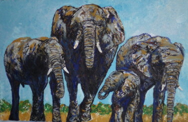 Peinture intitulée "Famille d'éléphants…" par Virginie Le Roy, Œuvre d'art originale, Huile