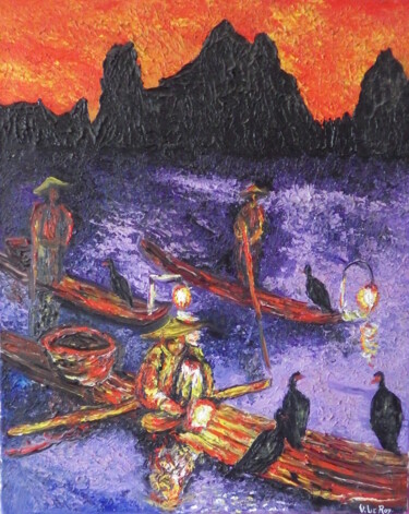 Malerei mit dem Titel "Pêche de nuit en As…" von Virginie Le Roy, Original-Kunstwerk, Öl