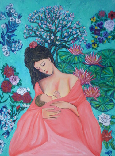 Peinture intitulée "Maternité rose II.P…" par Virginie Le Roy, Œuvre d'art originale, Huile