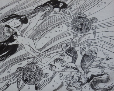 Dessin intitulée "Femmes Vagues. Wave…" par Virginie Le Roy, Œuvre d'art originale, Encre