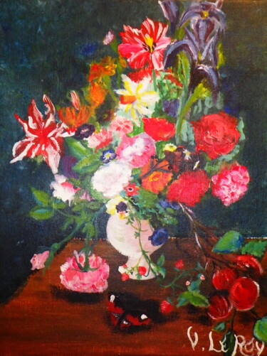 Pittura intitolato "Fleurs pour ma gran…" da Virginie Le Roy, Opera d'arte originale, Olio Montato su Telaio per barella in…
