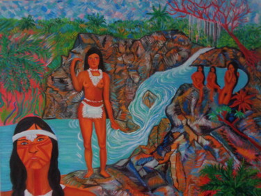 Pintura intitulada "Indiens à la Cascad…" por Virginie Le Roy, Obras de arte originais, Óleo