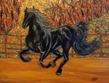 Painting titled "Au galop." by Virginie Le Roy, Original Artwork, Oil