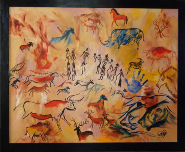 Painting titled "Fresque préhistoriq…" by Virginie Le Roy, Original Artwork, Oil Mounted on Wood Stretcher frame