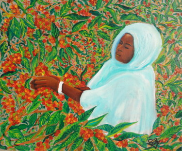 Peinture intitulée "Récolte du café" par Virginie Le Roy, Œuvre d'art originale, Huile Monté sur Châssis en bois