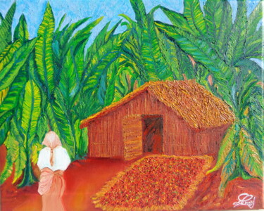Peinture intitulée "Café séchant au sol…" par Virginie Le Roy, Œuvre d'art originale, Huile Monté sur Châssis en bois