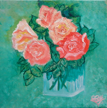 Painting titled "Roses pour Bernadet…" by Virginie Le Roy, Original Artwork, Oil Mounted on Wood Stretcher frame