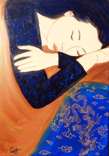 Pittura intitolato "L'endormie" da Virginie Le Roy, Opera d'arte originale, Olio Montato su Telaio per barella in legno