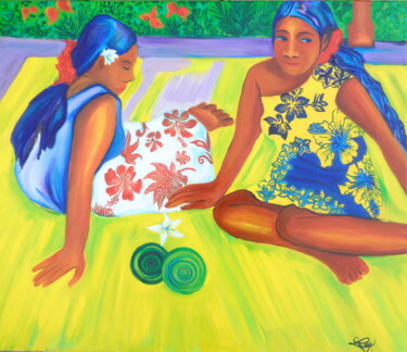 Painting titled "Tahitiennes, clin d…" by Virginie Le Roy, Original Artwork, Oil Mounted on Wood Stretcher frame