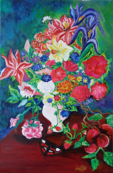 Painting titled "Fleurs pour Béata" by Virginie Le Roy, Original Artwork, Oil Mounted on Wood Stretcher frame