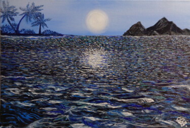 Painting titled "Pleine Lune aux Sai…" by Virginie Le Roy, Original Artwork, Oil Mounted on Wood Stretcher frame