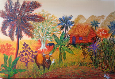 Painting titled "Luxuriante savane c…" by Virginie Le Roy, Original Artwork, Oil Mounted on Wood Stretcher frame