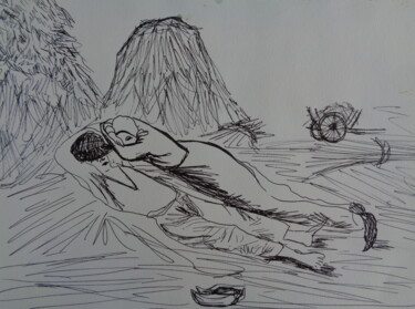 Dessin intitulée "La sieste" par Virginie Le Roy, Œuvre d'art originale, Encre