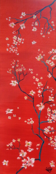 Painting titled "Branches japonaises" by Virginie Le Roy, Original Artwork, Oil Mounted on Wood Stretcher frame
