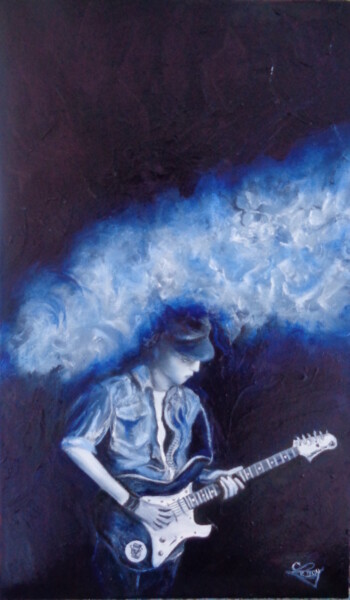 Painting titled "Mon fils, guitarist…" by Virginie Le Roy, Original Artwork, Oil Mounted on Wood Stretcher frame