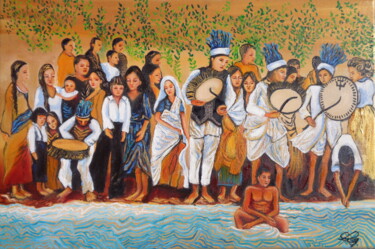 Pittura intitolato "Tibétains" da Virginie Le Roy, Opera d'arte originale, Olio Montato su Telaio per barella in legno