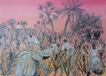 Pittura intitolato "Récolte des ananas" da Virginie Le Roy, Opera d'arte originale, Olio