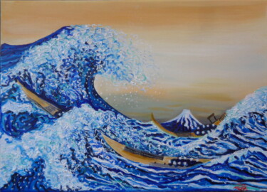 Painting titled "Ma vague d'après ce…" by Virginie Le Roy, Original Artwork, Oil Mounted on Wood Stretcher frame
