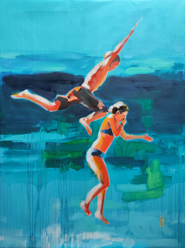 Painting titled "Grand saut" by Virginie Schroeder, Original Artwork, Oil