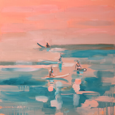Painting titled "Sunset surf" by Virginie Schroeder, Original Artwork, Oil Mounted on Wood Stretcher frame