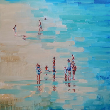 Painting titled "Plage six heures" by Virginie Schroeder, Original Artwork, Oil Mounted on Wood Stretcher frame