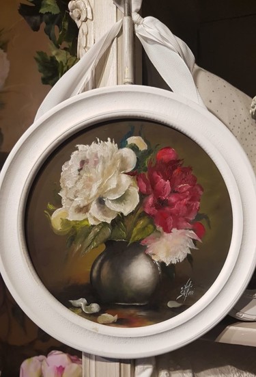 Peinture intitulée "Medaillon de pivoin…" par Virginie Stefani, Œuvre d'art originale, Huile