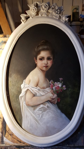 Painting titled "Petite fille aux fl…" by Virginie Stefani, Original Artwork, Oil