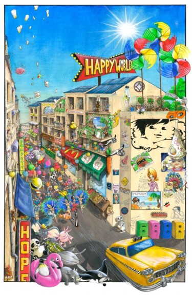 Painting titled "Happy World" by Virginie Thomas, Original Artwork, Acrylic