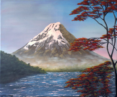 Painting titled "Le Mont Fuji Yama" by Virginie Lepelletier, Original Artwork, Acrylic Mounted on Wood Stretcher frame