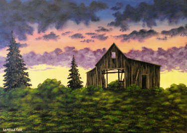 Painting titled "Old barn d'après Ti…" by Virginie Lepelletier, Original Artwork, Acrylic Mounted on Wood Stretcher frame