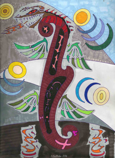 Dessin intitulée "Phoenix Rising" par Sara Lamothe (Savant Artist), Œuvre d'art originale, Marqueur