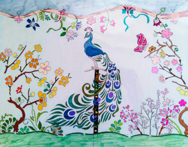 Tekening getiteld "Peacock Pose" door Sara Lamothe (Savant Artist), Origineel Kunstwerk, Marker