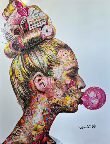 Colagens intitulada "Bubble Gum Girl" por Virut Panchabuse, Obras de arte originais, Colagens