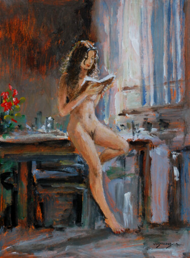 Painting titled "Reading by window2" by Vishalandra Dakur, Original Artwork, Acrylic