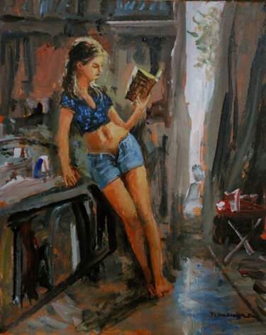 Malerei mit dem Titel "Girl reading" von Vishalandra Dakur, Original-Kunstwerk, Acryl