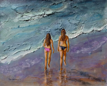 Ζωγραφική με τίτλο "Beach  girls" από Vishalandra Dakur, Αυθεντικά έργα τέχνης, Ακρυλικό