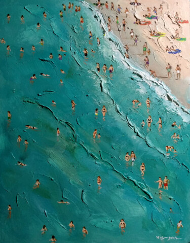 Schilderij getiteld "Beach swimming" door Vishalandra Dakur, Origineel Kunstwerk, Olie